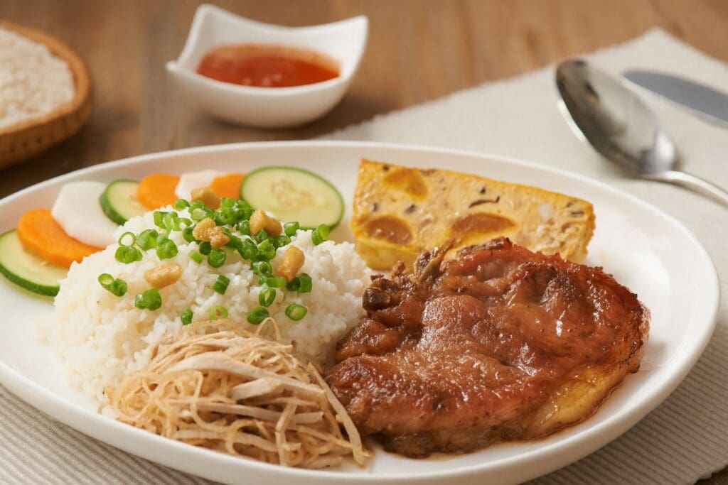 Delicious plate of Saigon broken rice (com tam) with grilled pork chop, steamed egg meatloaf, shredded pork skin, pickled vegetables, and fish sauce – a signature Vietnamese dish.