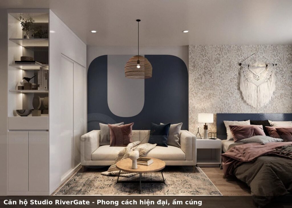 Căn hộ studio RiverGate thiết kế hiện đại với sofa và đèn trang trí