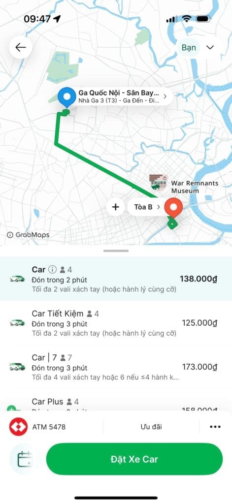 Giá cước GrabCar từ sân bay Tân Sơn Nhất đến RiverGate Residence năm 2025 (check trực tiếp trên app)