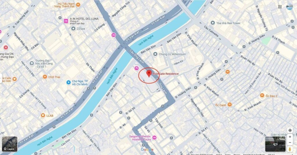 Map showing the location of RiverGate Residence at 151–155 Ben Van Don Street, District 4, Ho Chi Minh City