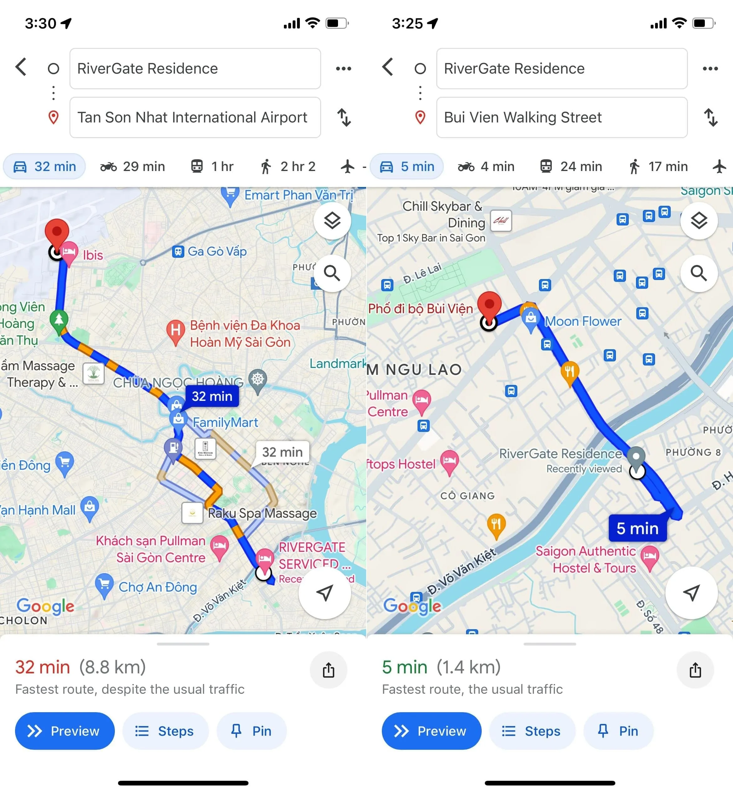 Map showing distances from RiverGate Residence to Bui Vien Walking Street and Tan Son Nhat International Airport
