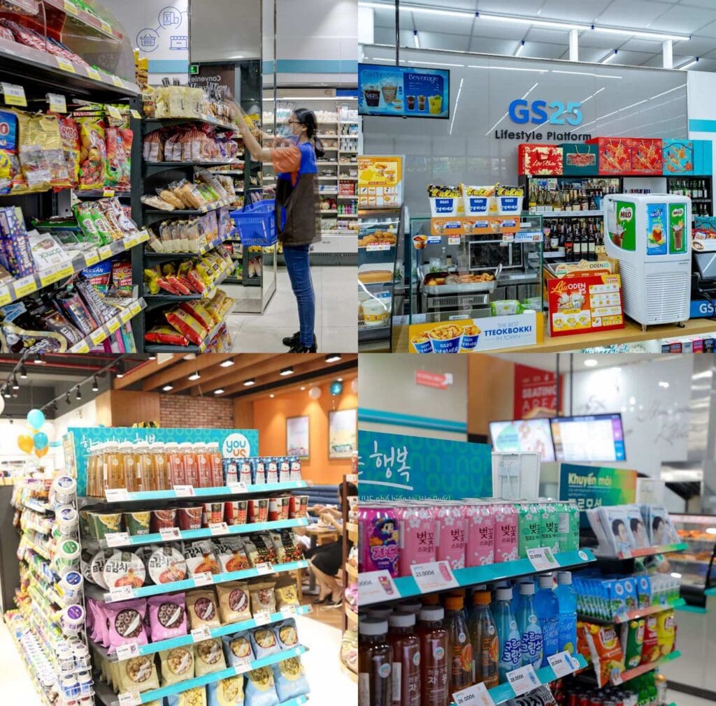 Inside GS25 at RiverGate Residence showing Korean snacks, drinks, and convenience store products in District 4 Ho Chi Minh City