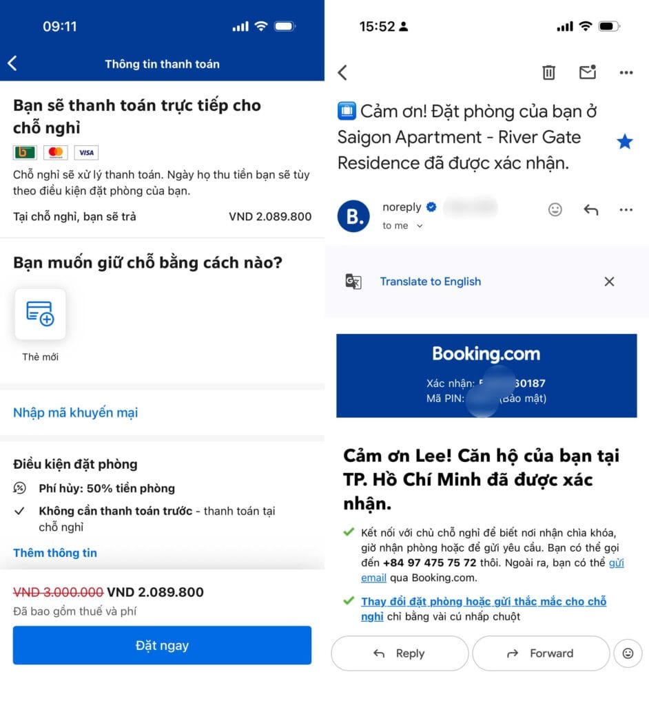 Bước cuối cùng là đặt phòng và nhận mã xác nhận từ Booking.com