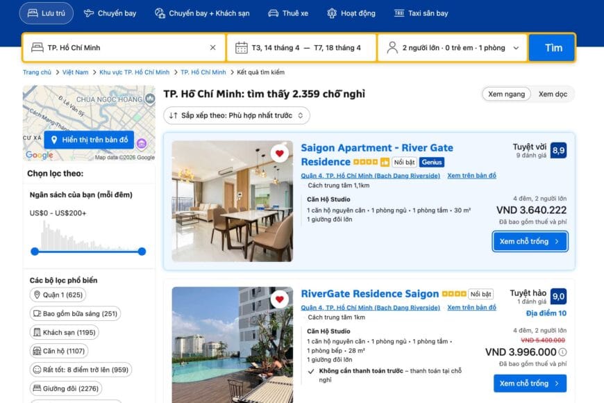 Hướng dẫn đặt/thuê căn hộ Rivergate residence theo ngày trên booking.com