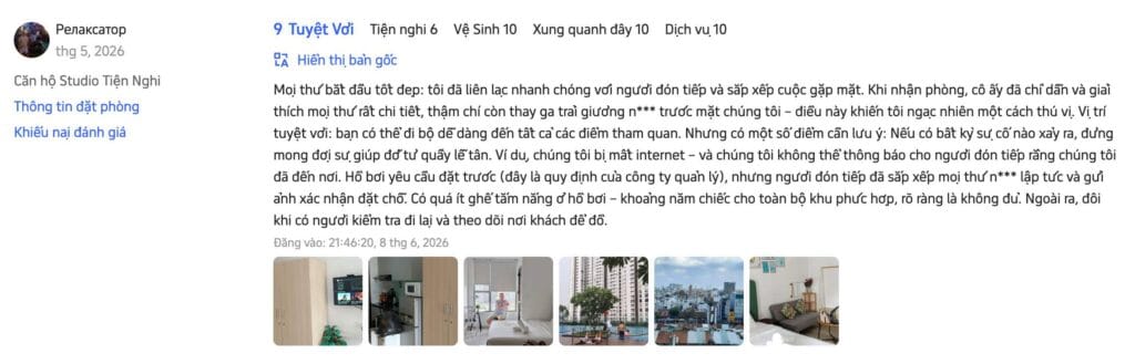 Đánh giá 9 trên 10 của khách lưu trú tại RiverGate Residence trên Trip.com tháng 6 năm 2026 về dịch vụ hỗ trợ nhận phòng và vị trí thuận tiện